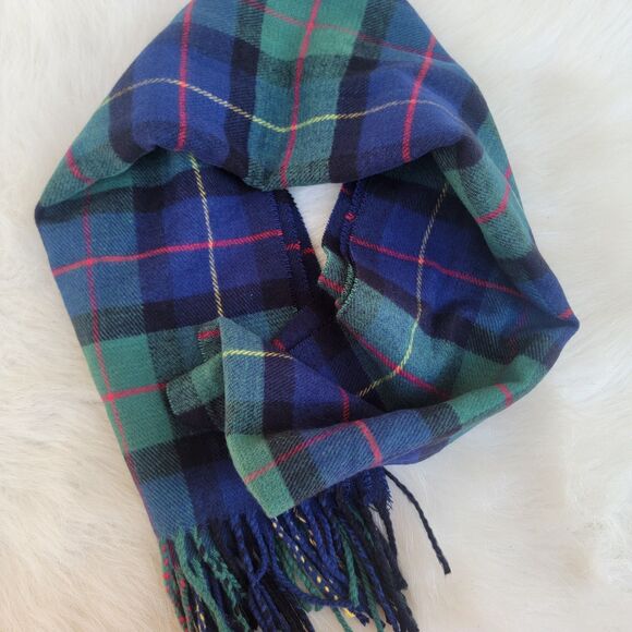 Italy Design cashmere blend plaid fringe detail scarf Preppy Blu/grn/red/yel - Picture 2 of 3